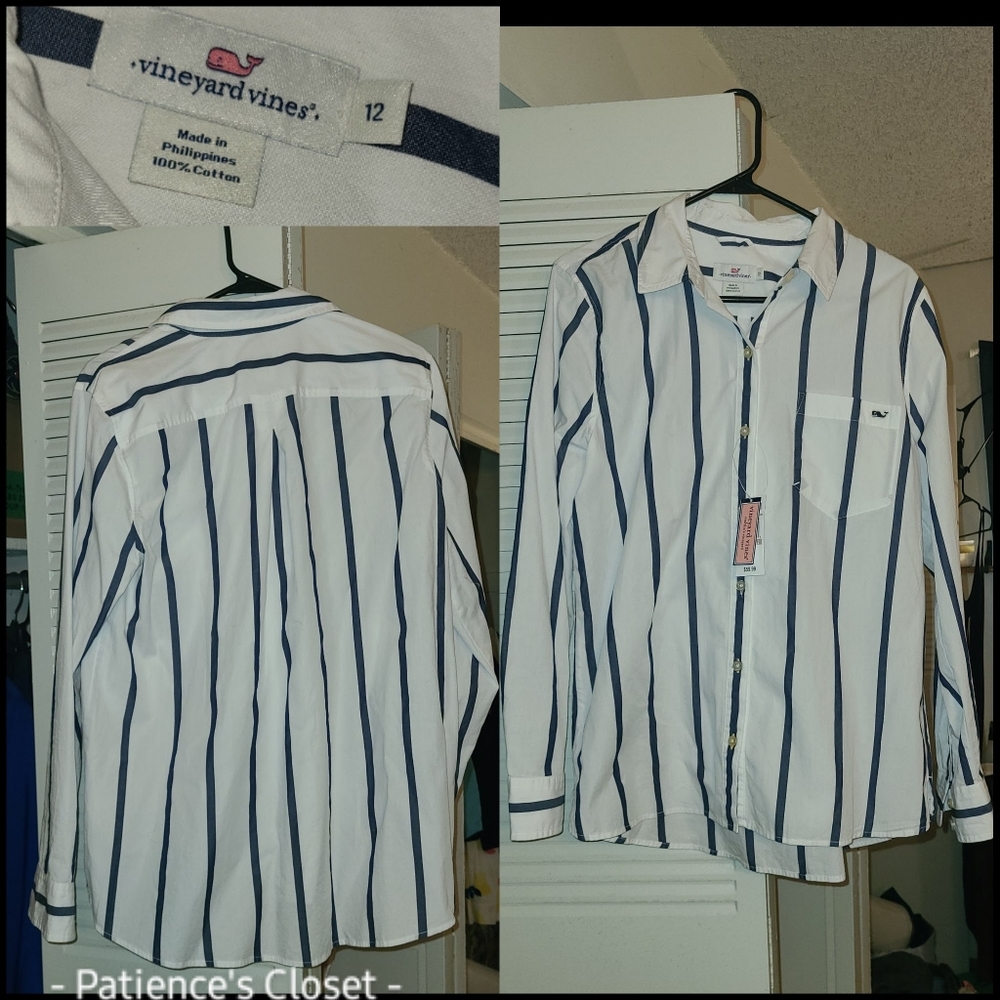 Vineyard Vines Women's navy and white striped button down blouse